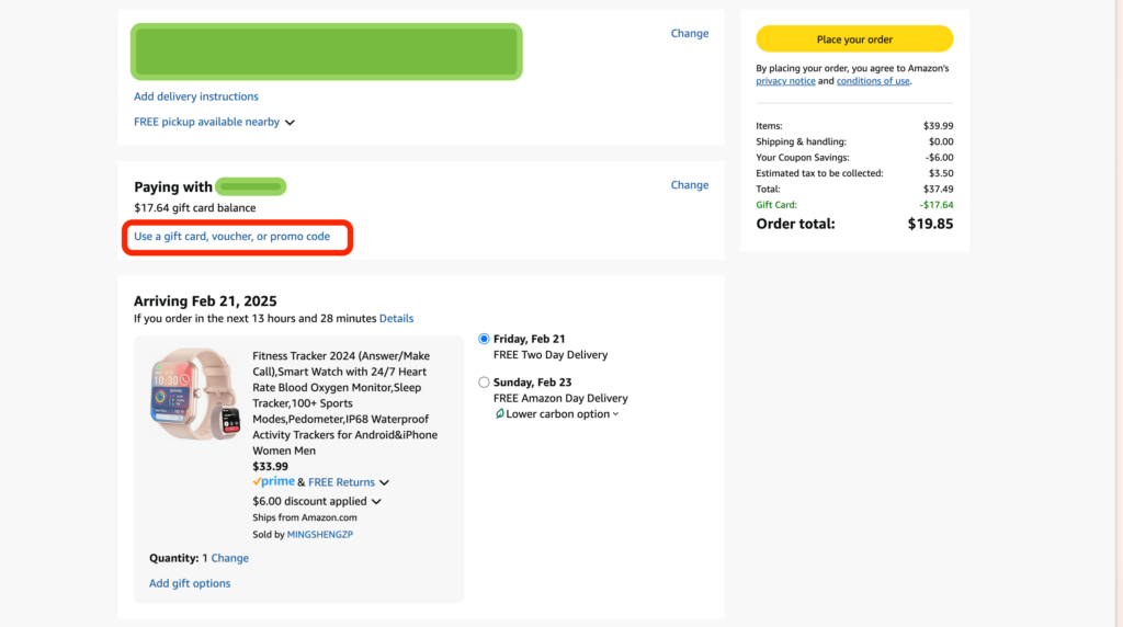 Amazon checkout page section for entering a promo code