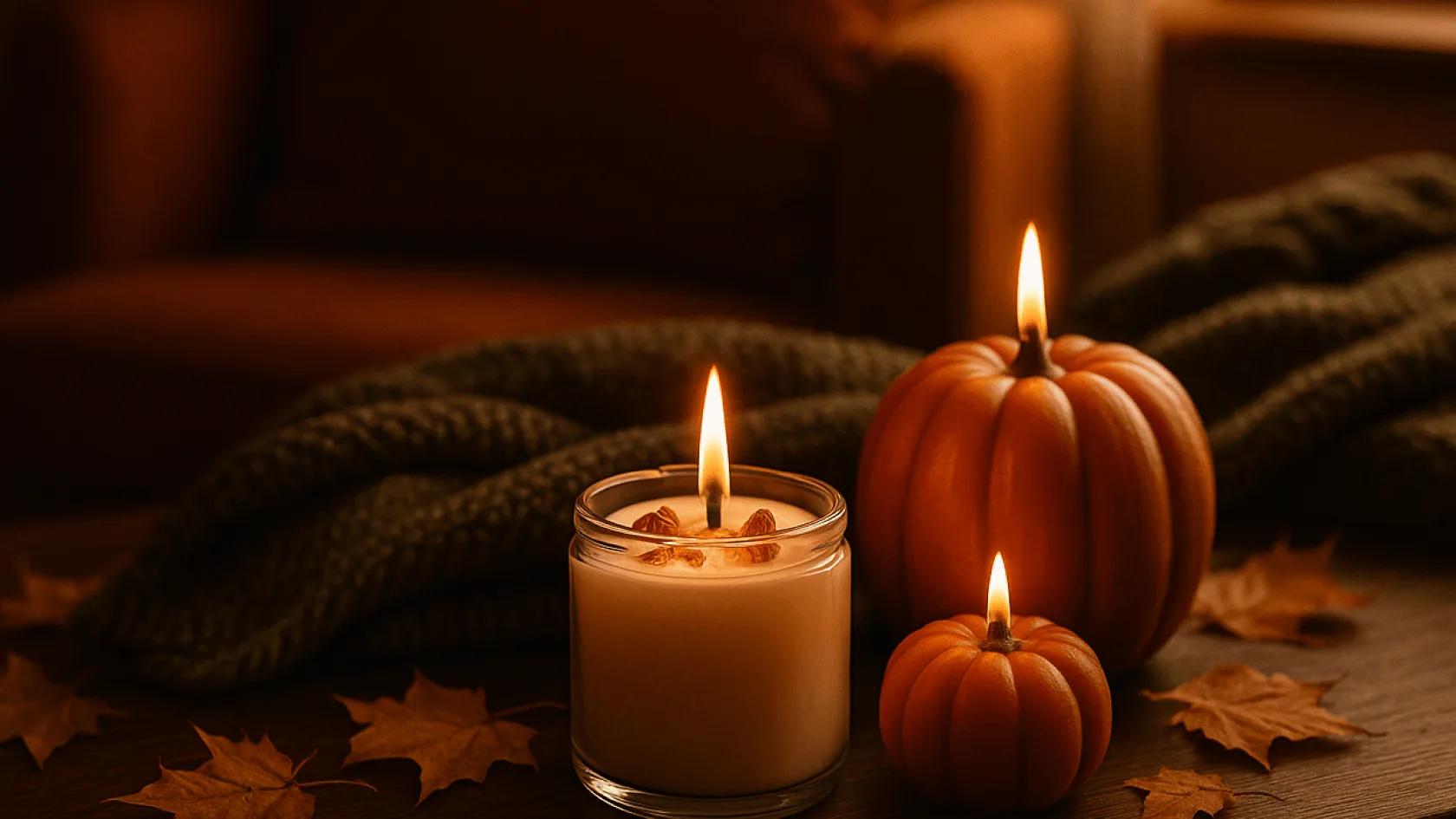A close-up of cozy home decor in warm amber and deep terracotta tones, featuring a 10oz pumpkin scented soy wax candle glowing with a gentle flame alongside terracotta pumpkin decorations sourced through Koupon deals.