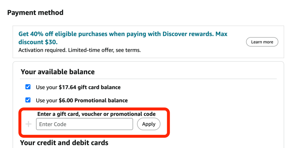 Text field for entering Amazon promo code with apply button