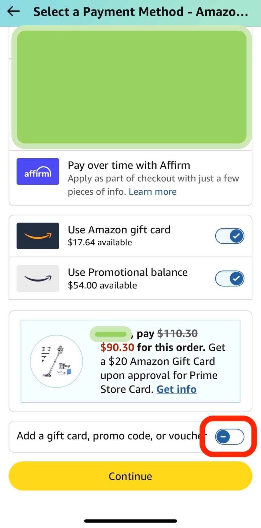 Amazon Checkout promo code toggle to expand the text field