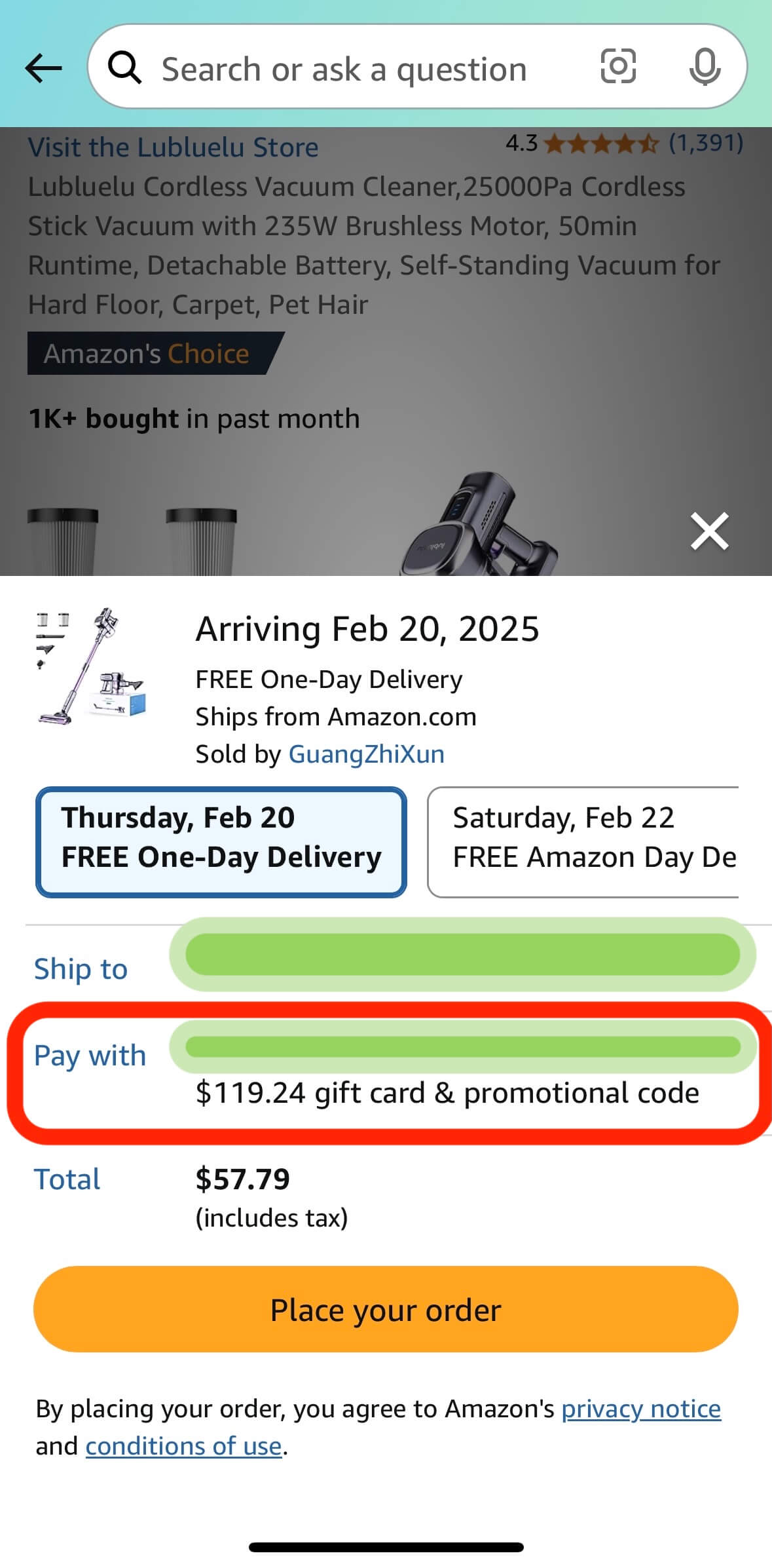 Amazon iOS check out modal for a promo code