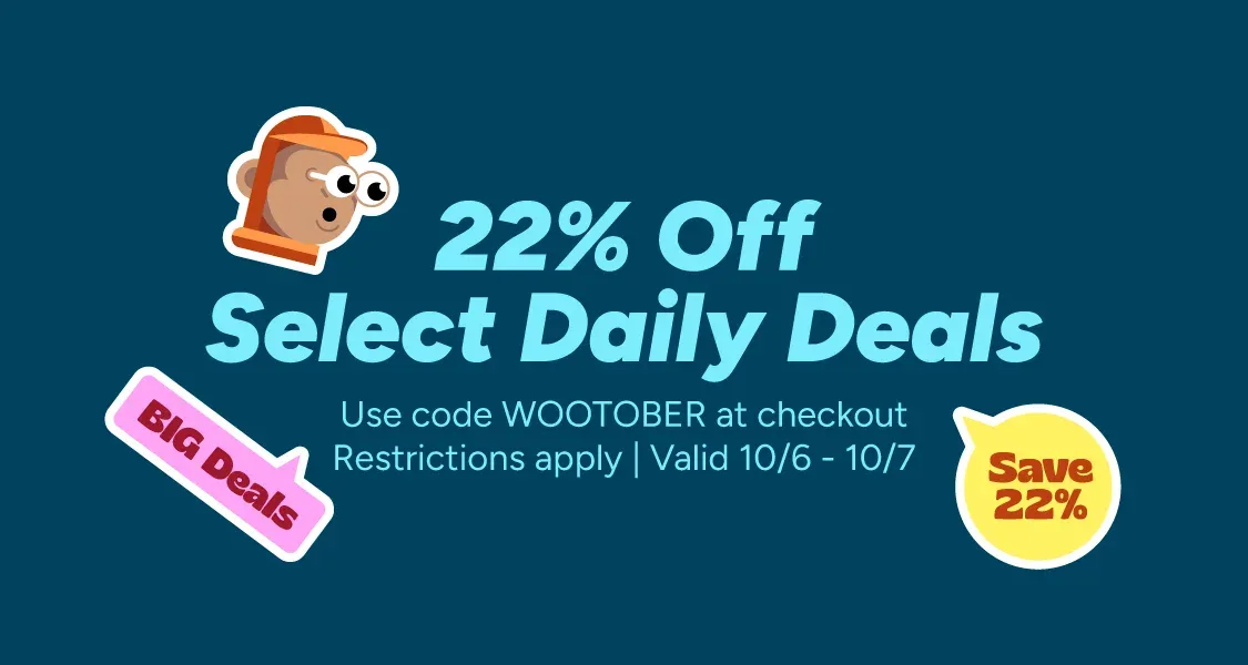 Woot promo graphic offering 22% off select Daily Deals with code WOOTOBER at checkout, valid October 6–7.