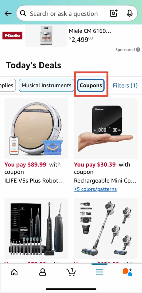 Scroll to Today's Deals in the Amazon app to locate coupons