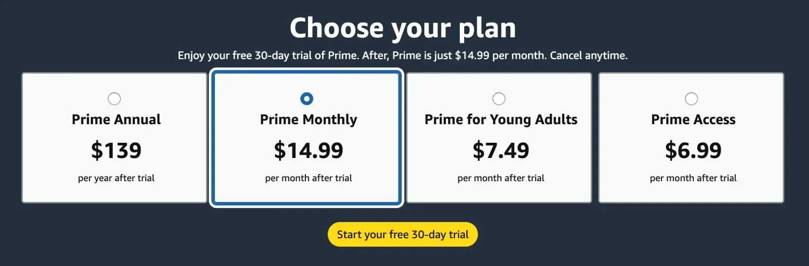 Amazon Prime plan comparison: $139 per year or $14.99 per month, Young Adults at $7.49 per month, and Prime Access at $6.99 per month after trial.