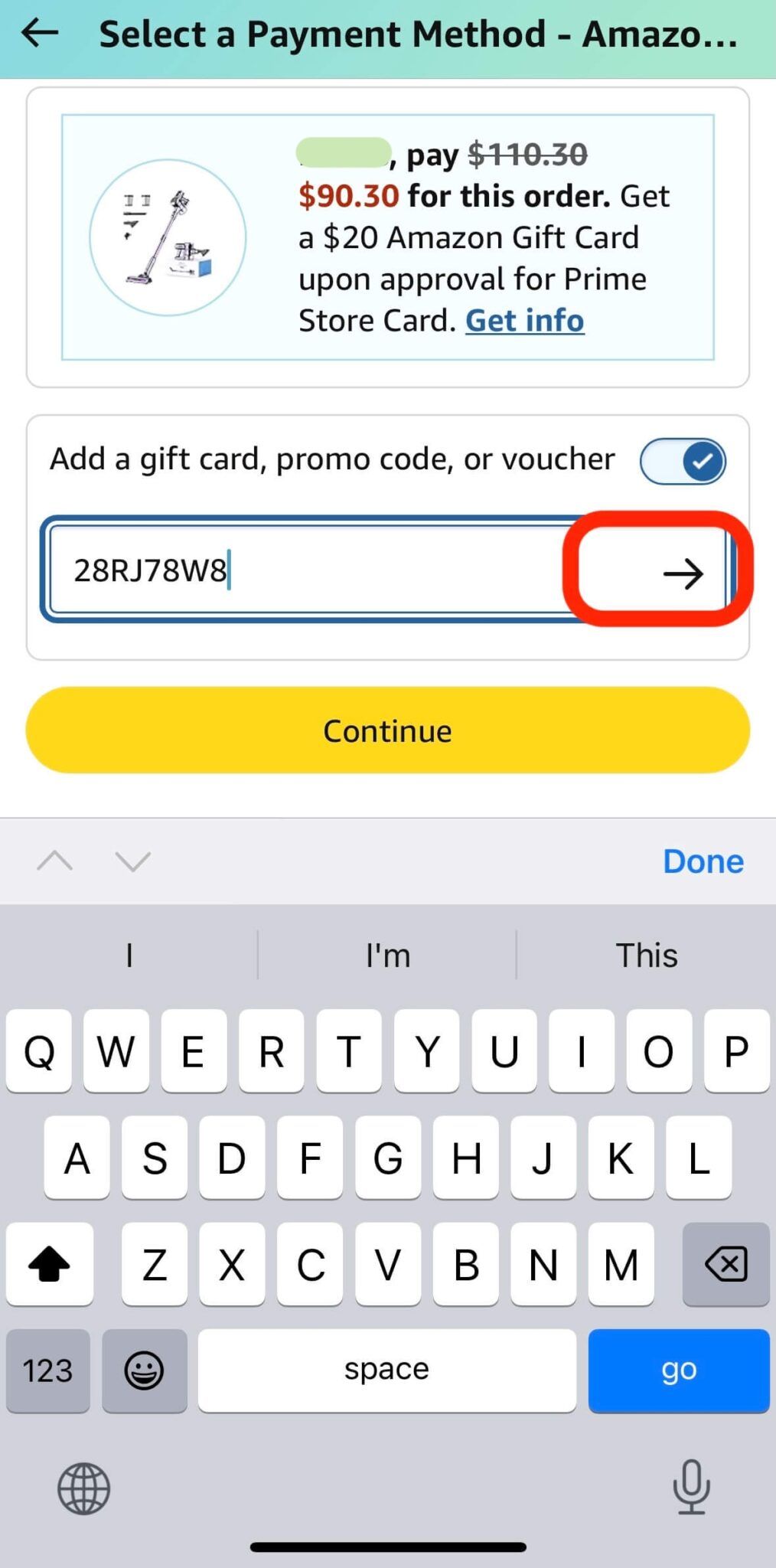 Amazon Checkout promo code apply arrow button