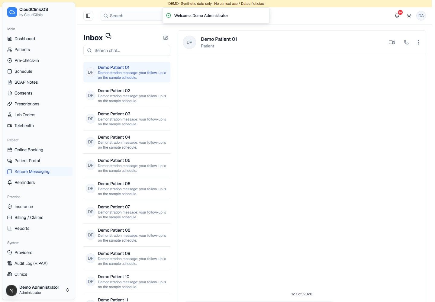 Stay connected between appointments.. Demonstration interface with synthetic data.