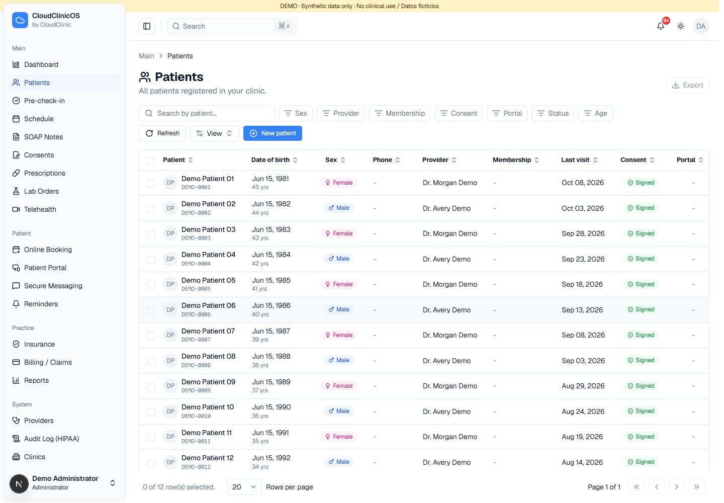 The patient's story, in one place.. Demonstration interface with synthetic data.