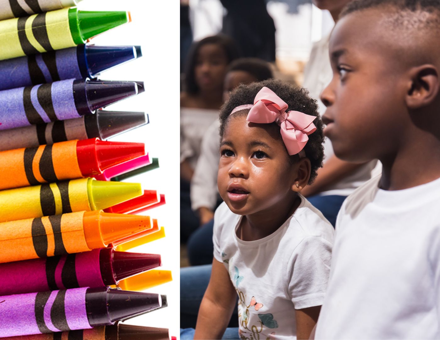 Split image of close up of crayons and children listening