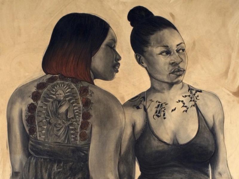 Two women in hushed conversation