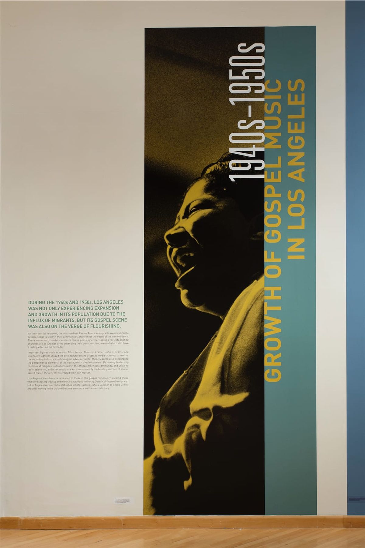 Large scale image of Mahalia Jackson and text about the 1940s