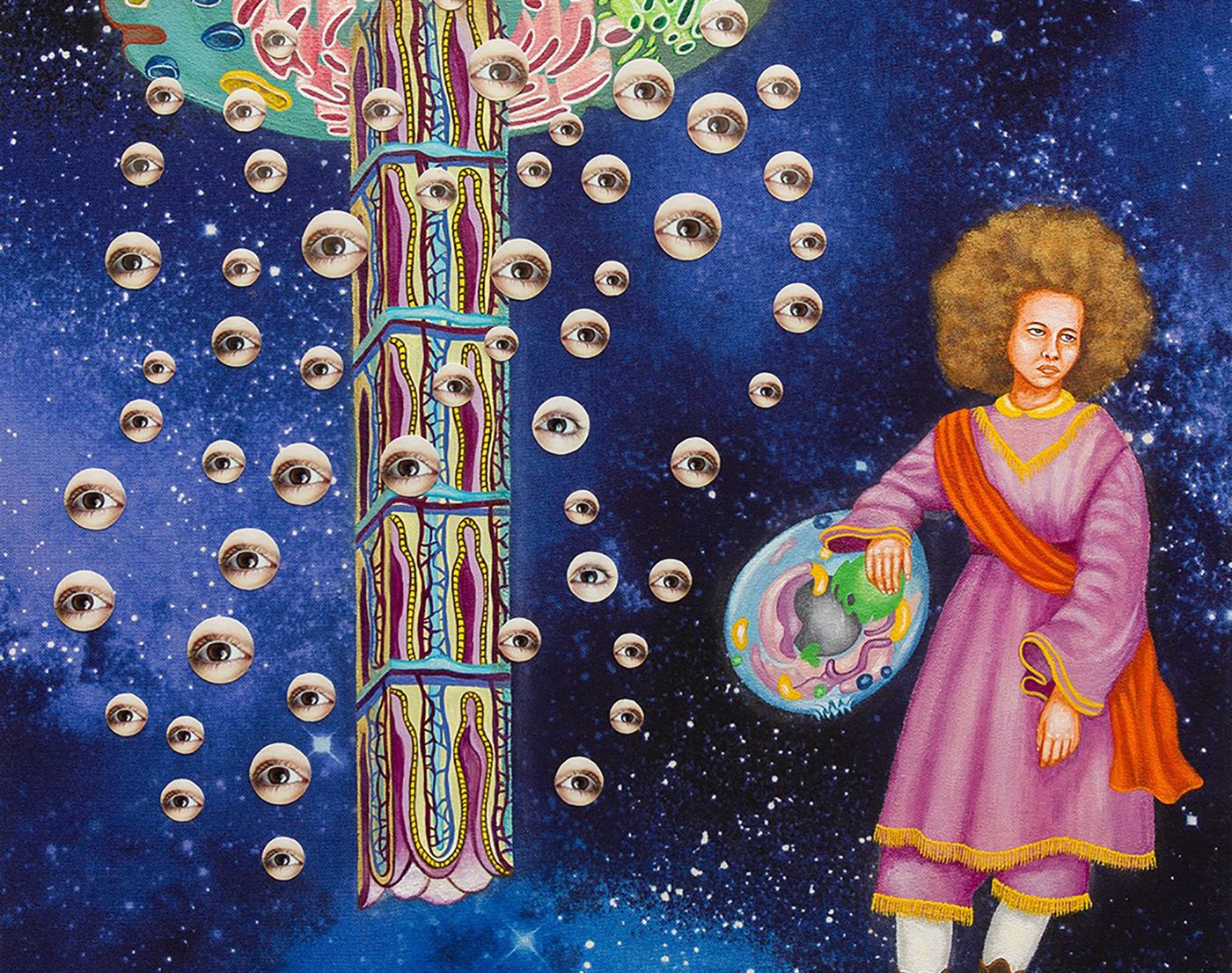 Woman in galaxy next to jellyfish with tendrils of decoupaged images of human eyes