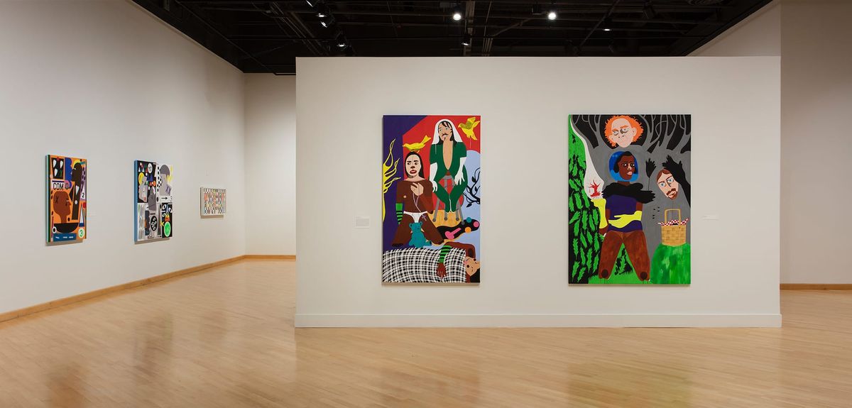 Installation view of large scale paintings;  narrative figurative style