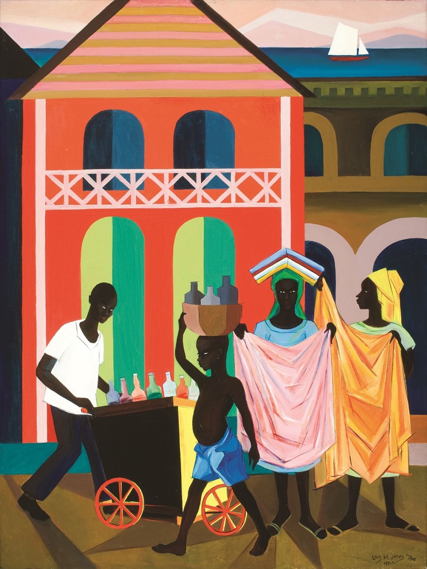 Street scene of vendors painted in in bright primaries