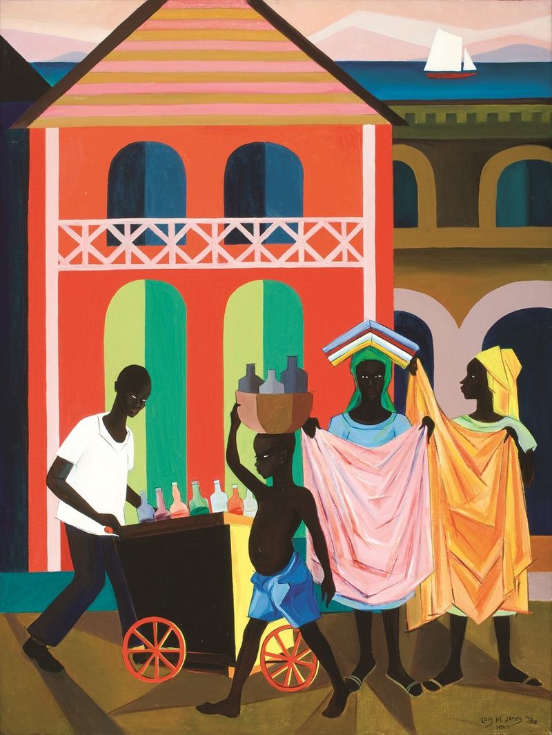 Street scene of vendors painted in in bright primaries