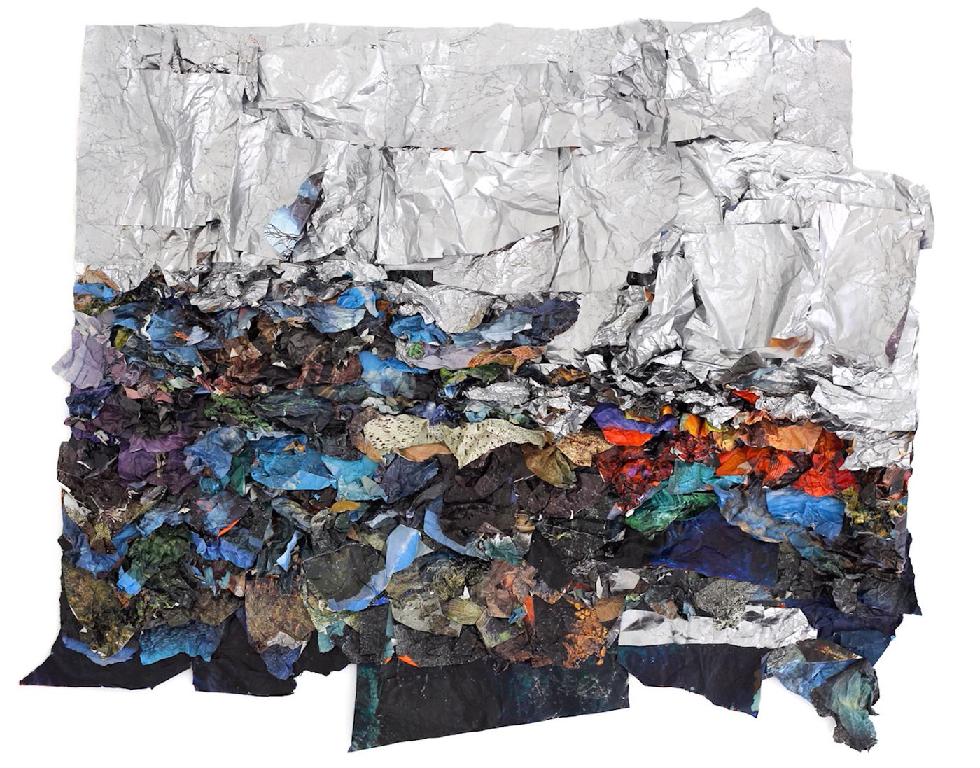 Mixed media in white, blues, blacks, and orange