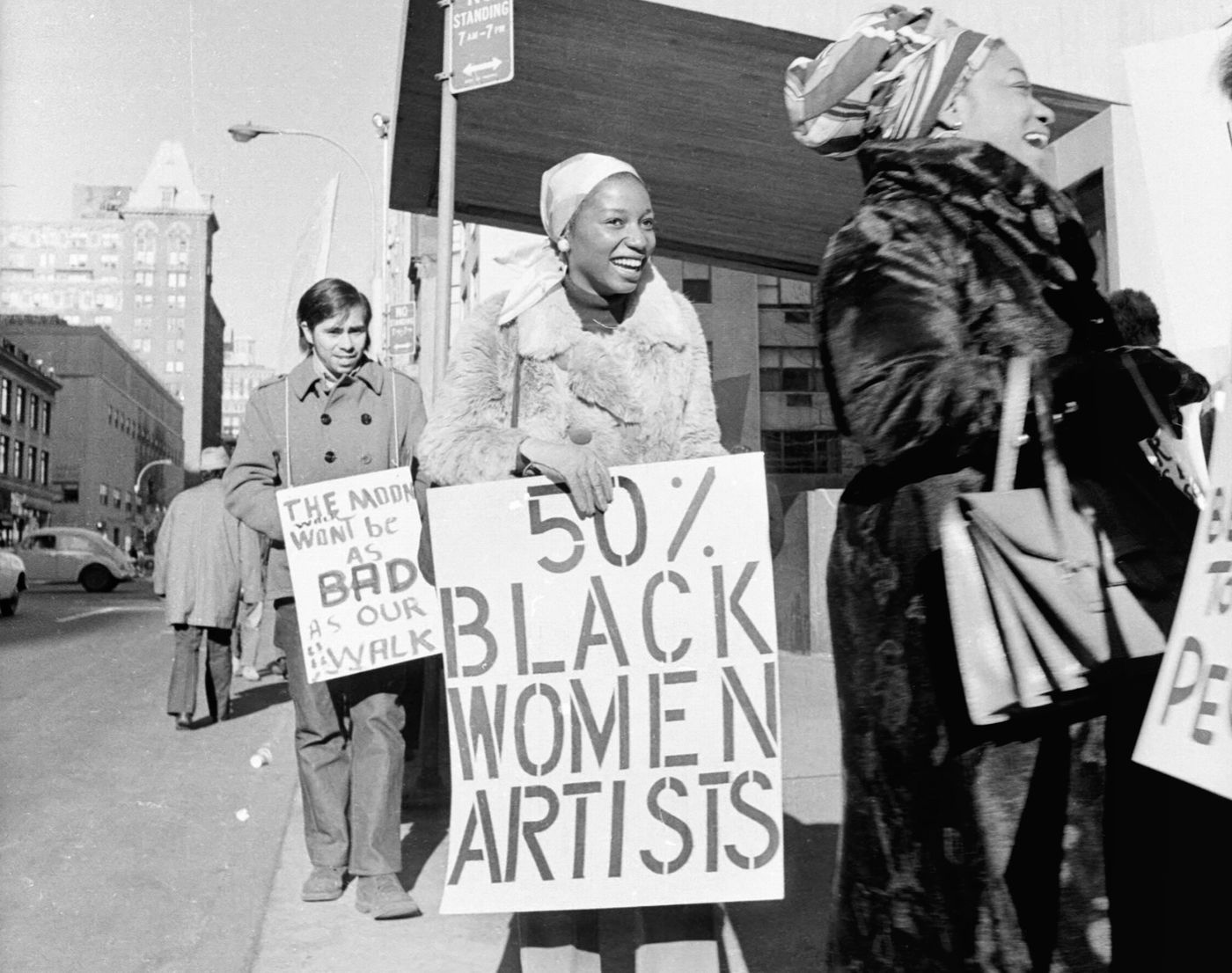 Picket line of workers with signs