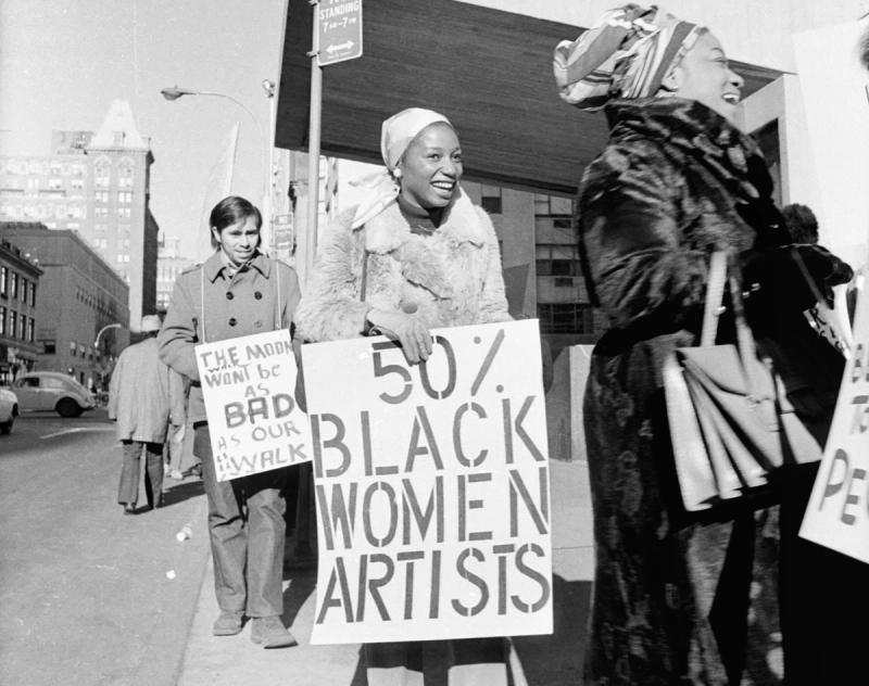 Picket line of workers with signs