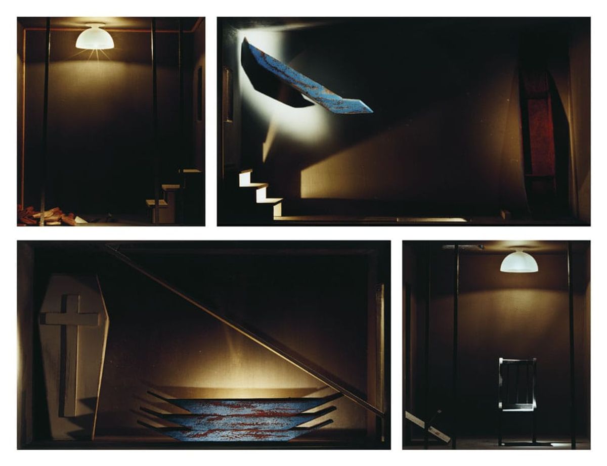 Photo collage of moodily lit very dark interiors