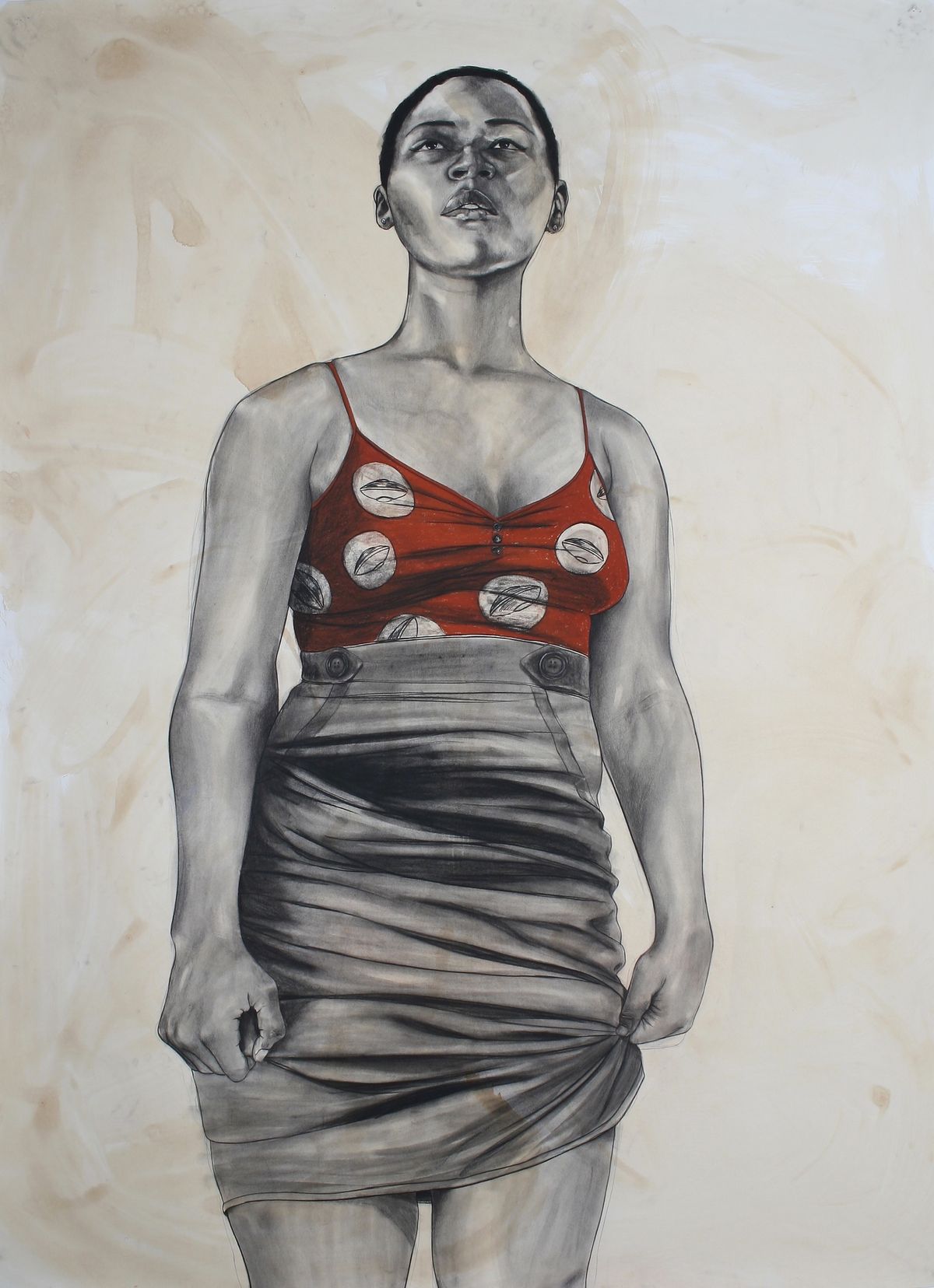 Large scale painting of woman in short pencil skirt and red tank top with large dots