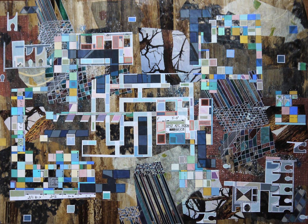 Stylized interpretation of a redwood forest with elements of digital and concrete overlapping
