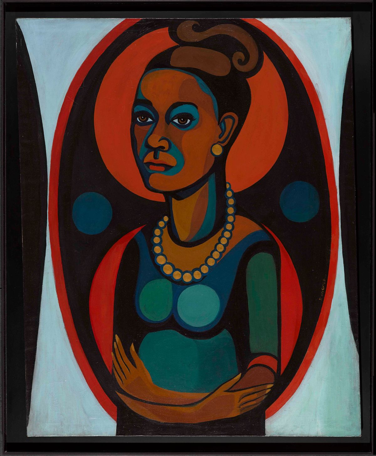 Self portrait of the artist with arms folded wearing a beaded necklace and her hair in a bun