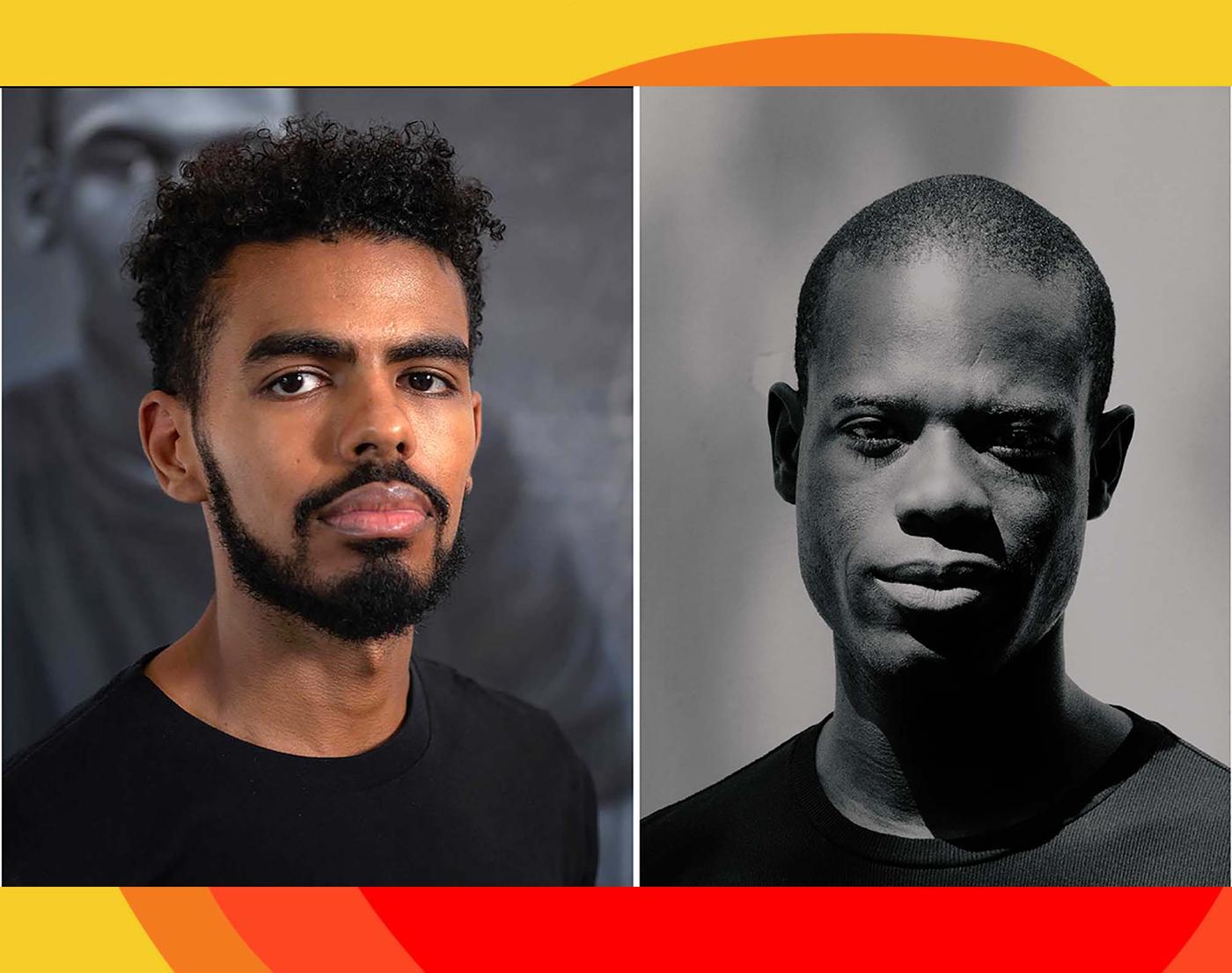 Split screen: portraits of Kohshin Finley and Diedrick Brackens