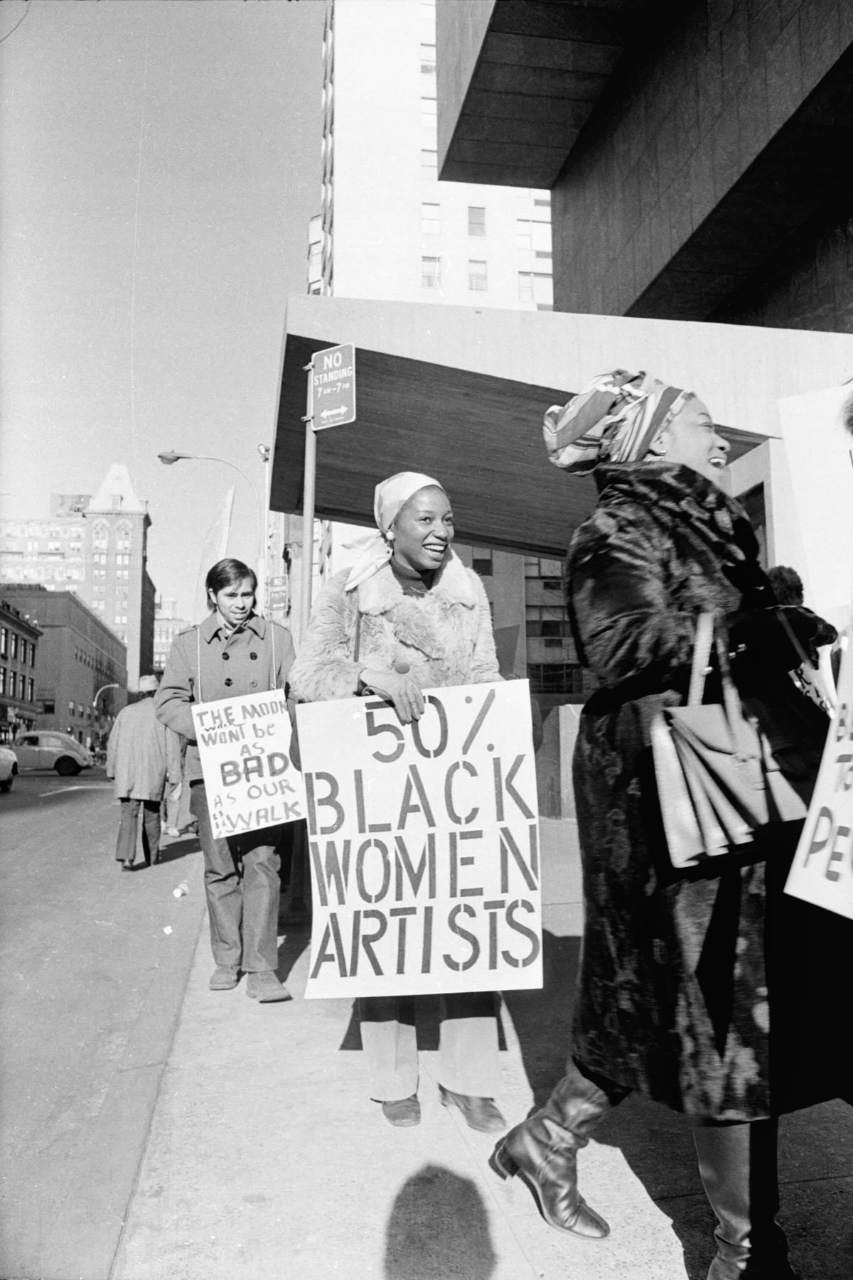 Picket line of workers with signs