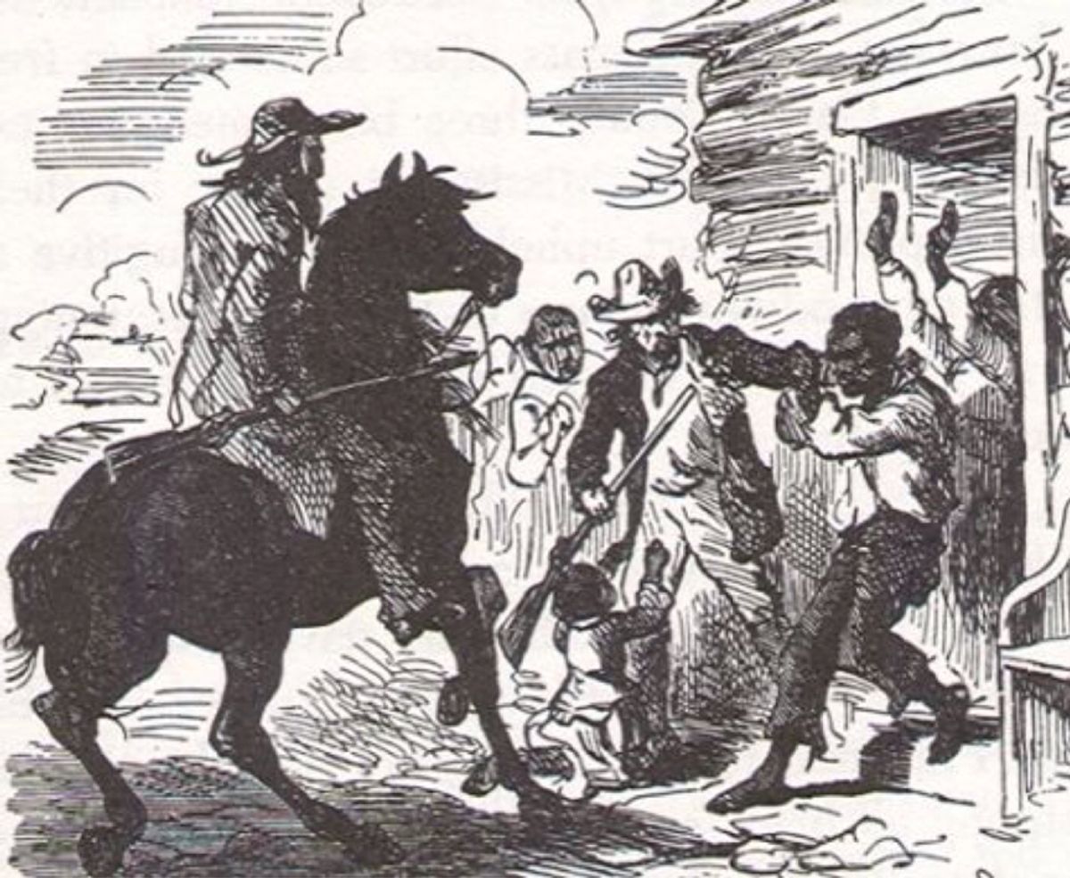 Illustration of white men attempting to capture and enslave a black man at his home in front of his family