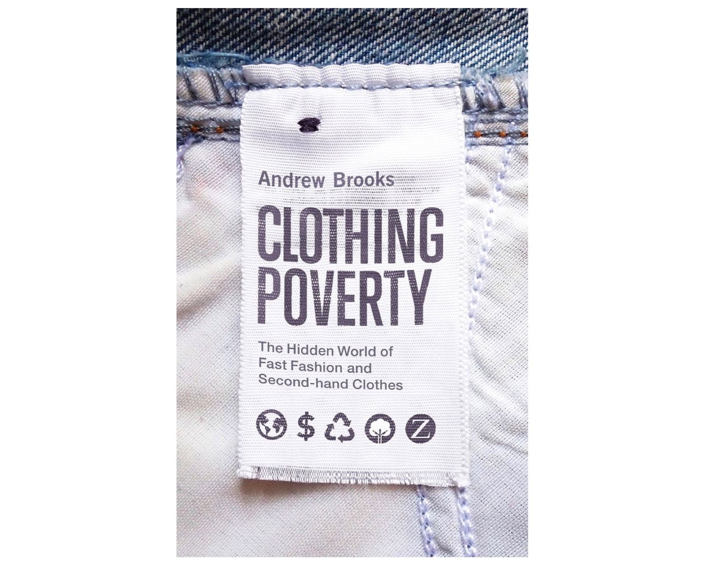 Close up, book title text is printed on clothing label