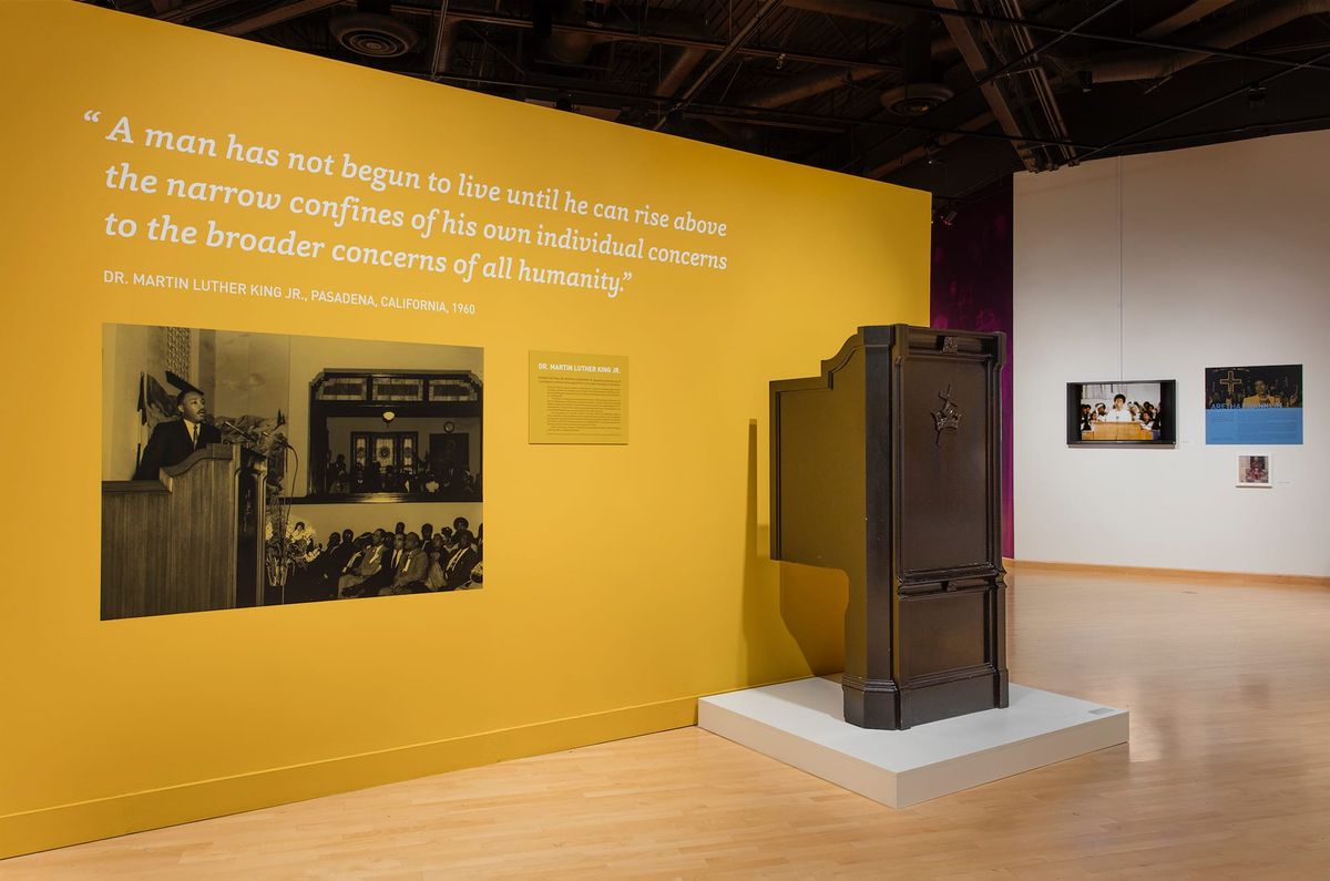 Wall text citing quote from Dr. Martin Luther KIng Jr.'s visit to Pasadena