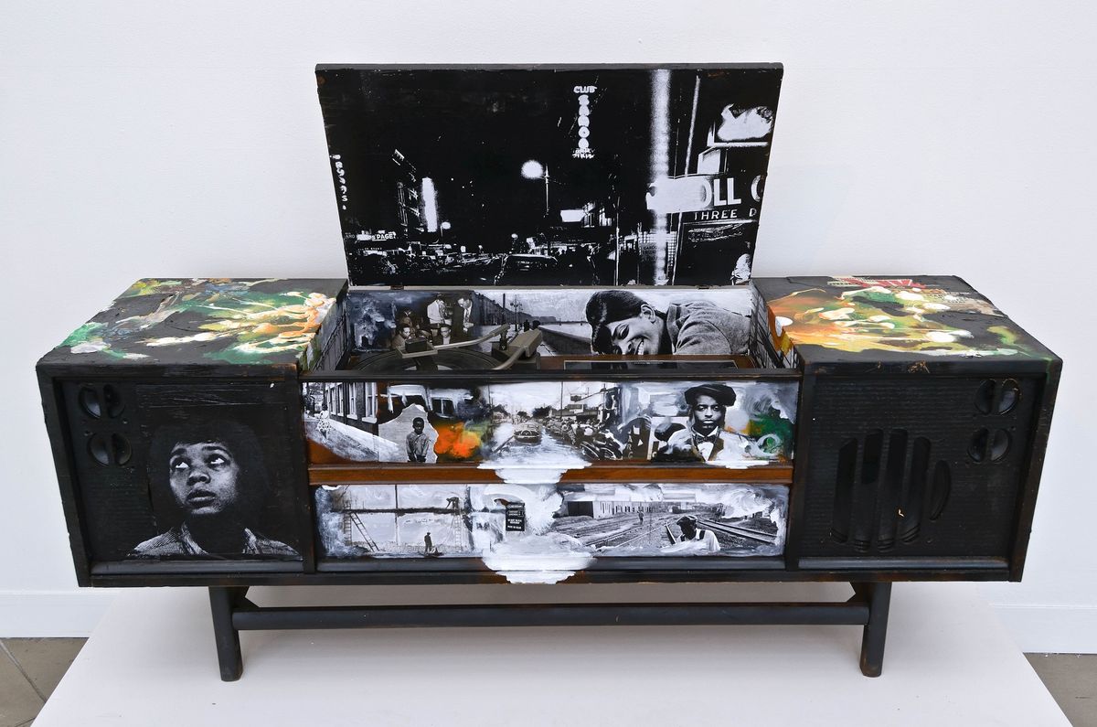 Decoupaged 1970s large six foot long cabinet stereo furniture unit