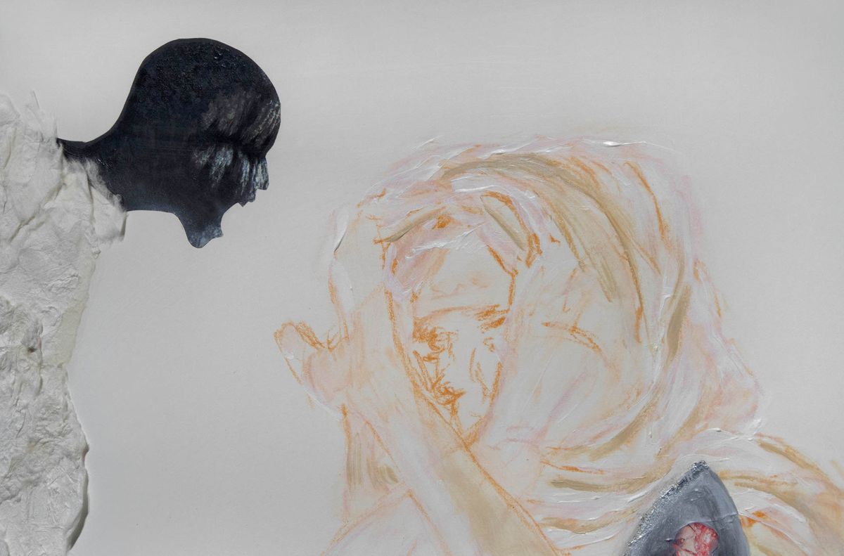 Mixed media, acrylic, and platinum leaf on paper
