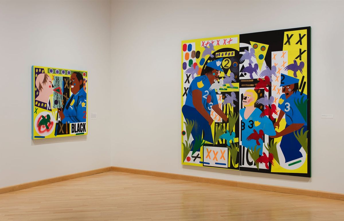 Installation view of vividly colored paintings in narrative figurative style