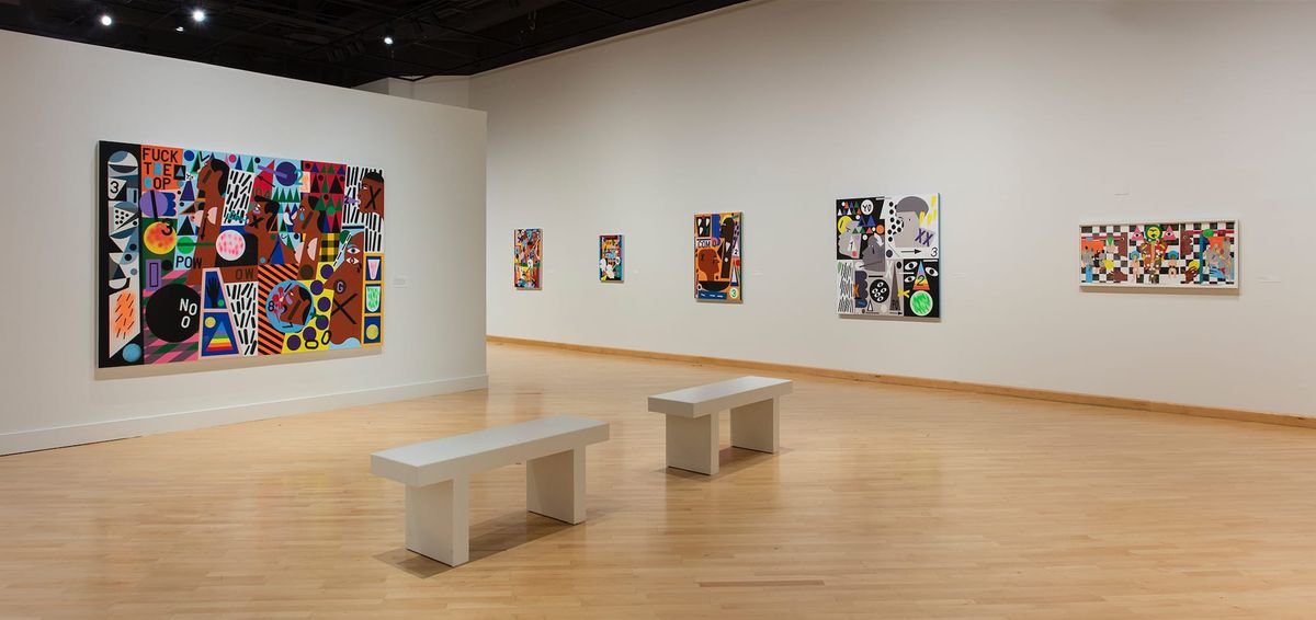 Installation view of paintings in narrative figurative painting and seating