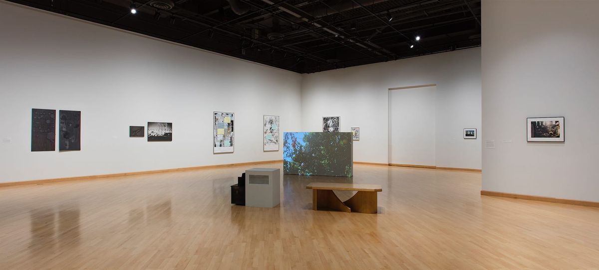 Far view of gallery space and artwork by Guerrier
