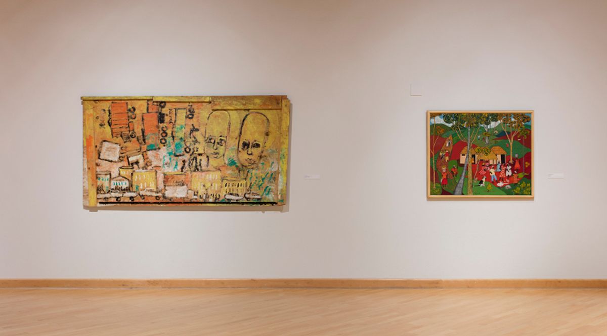 Installation view of two large paintings