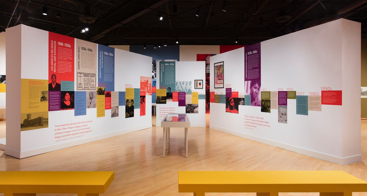 Installation view of photo patchwork and vitrine