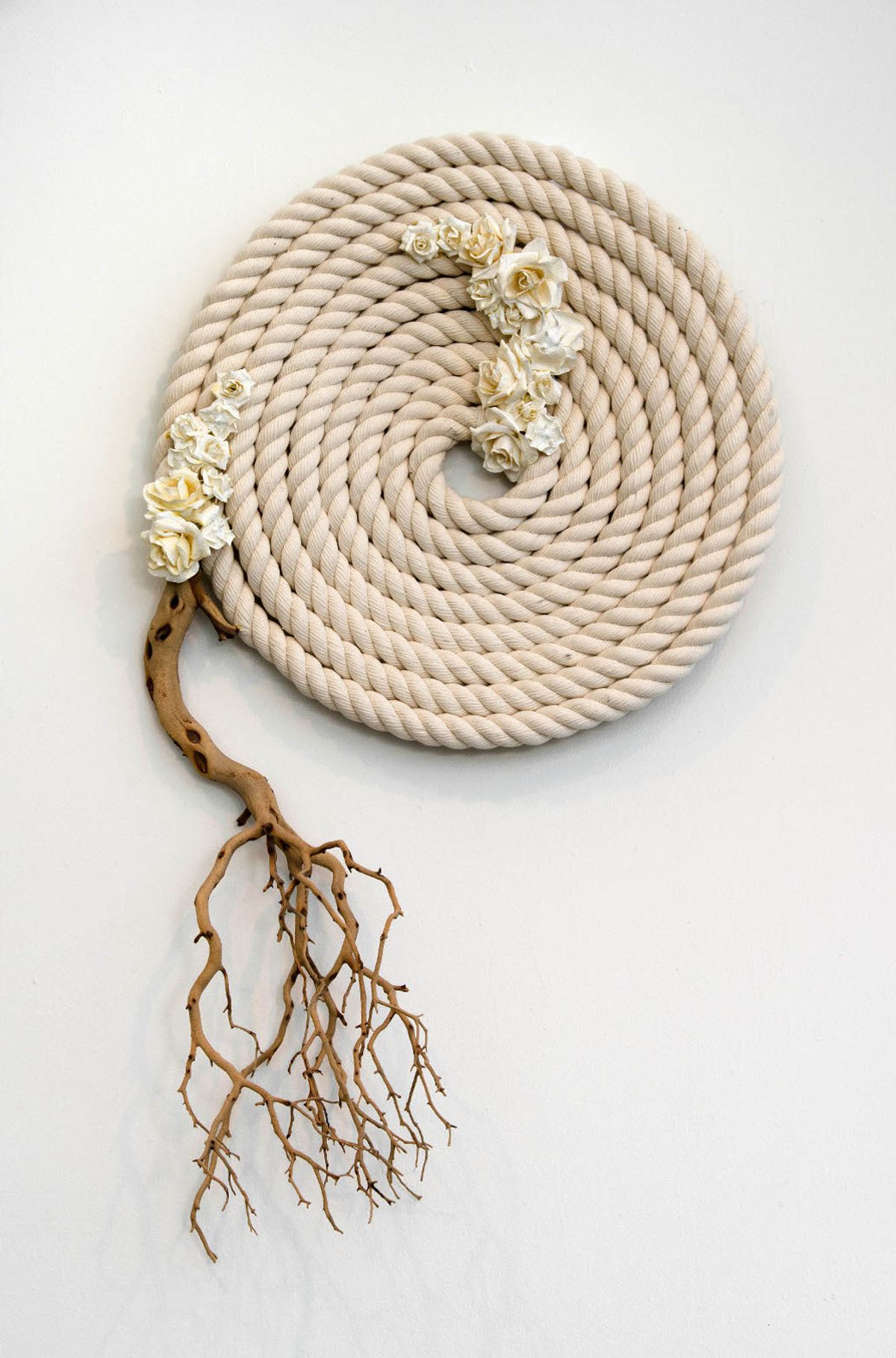 Flat circle of two strand white cord with dried plant matter