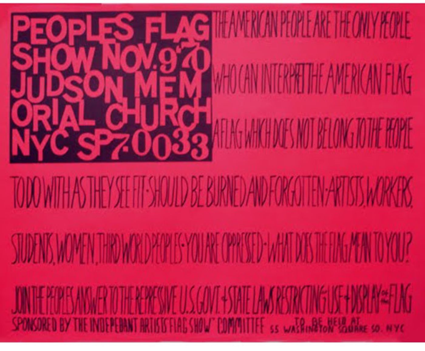 In style of the flag of the United States, block and light fonts recreate a flag on red background