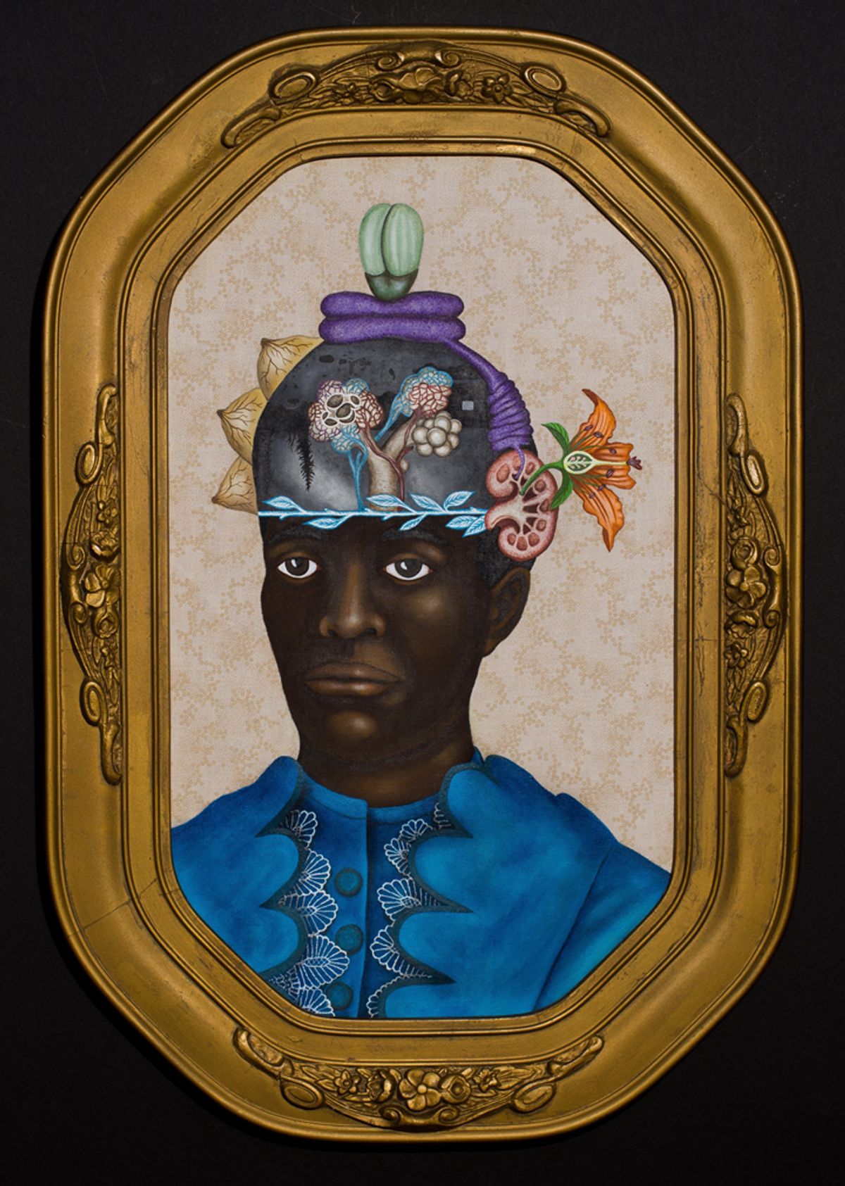 Acrylic portrait in blue shirt with flower crown