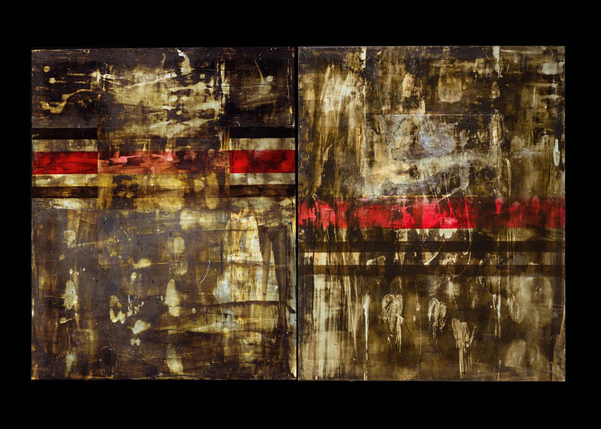 Marks and visual texture in blacks, dark browns, off whites, and red