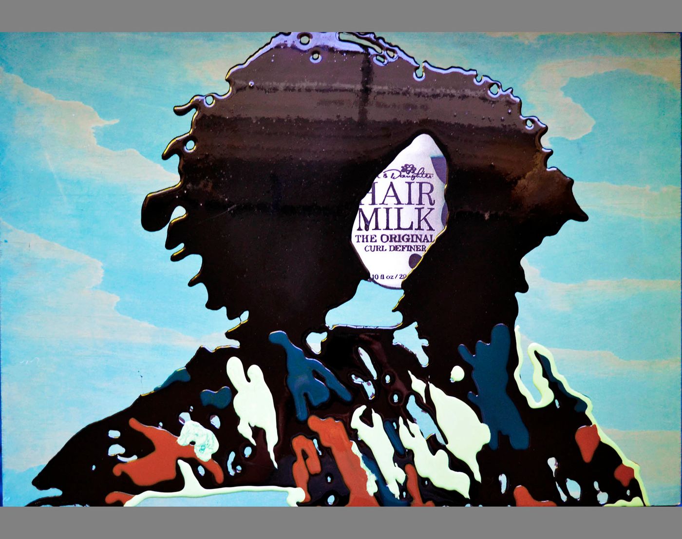 Stylized female form with voluminous coily hair, and a product label for a face