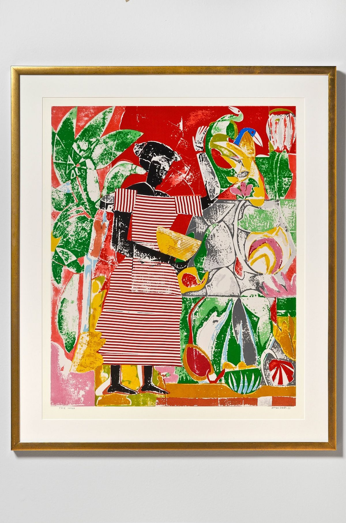 Abstract interpretation of Black woman in red striped dress surrounded by palms
