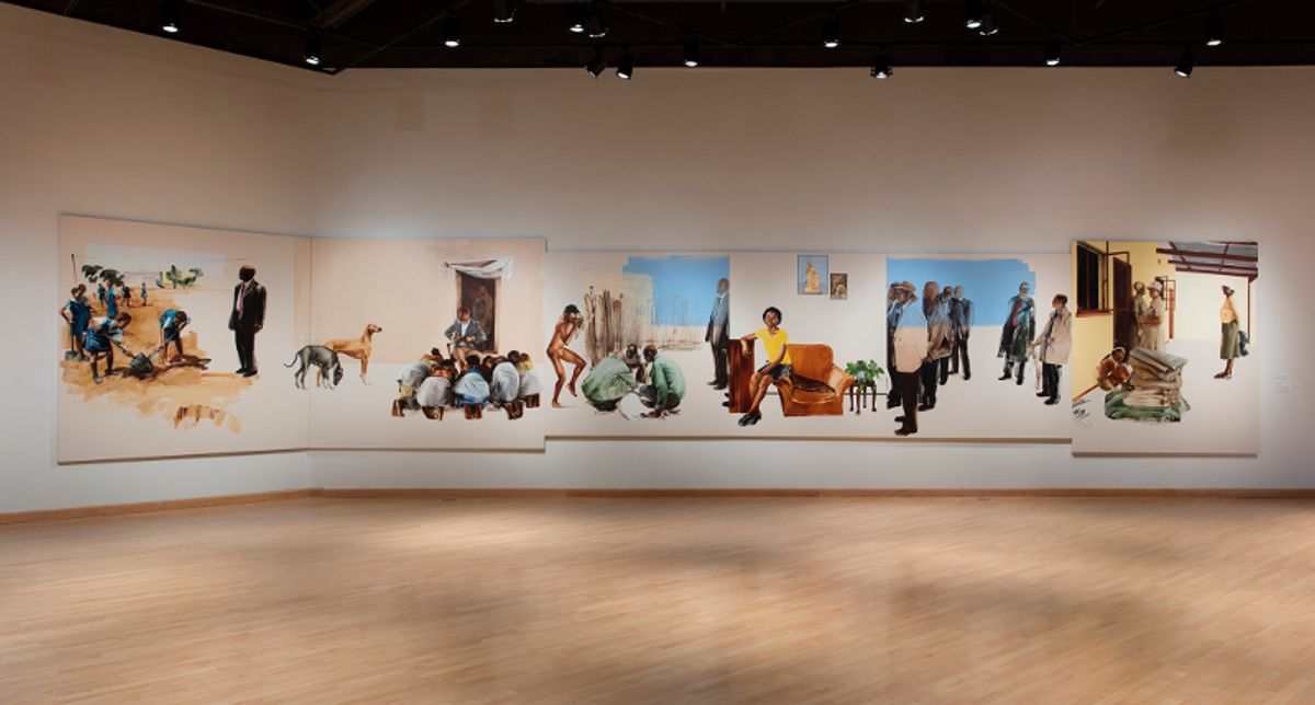 Installation view of four-panel,  large-scale painting of street scene