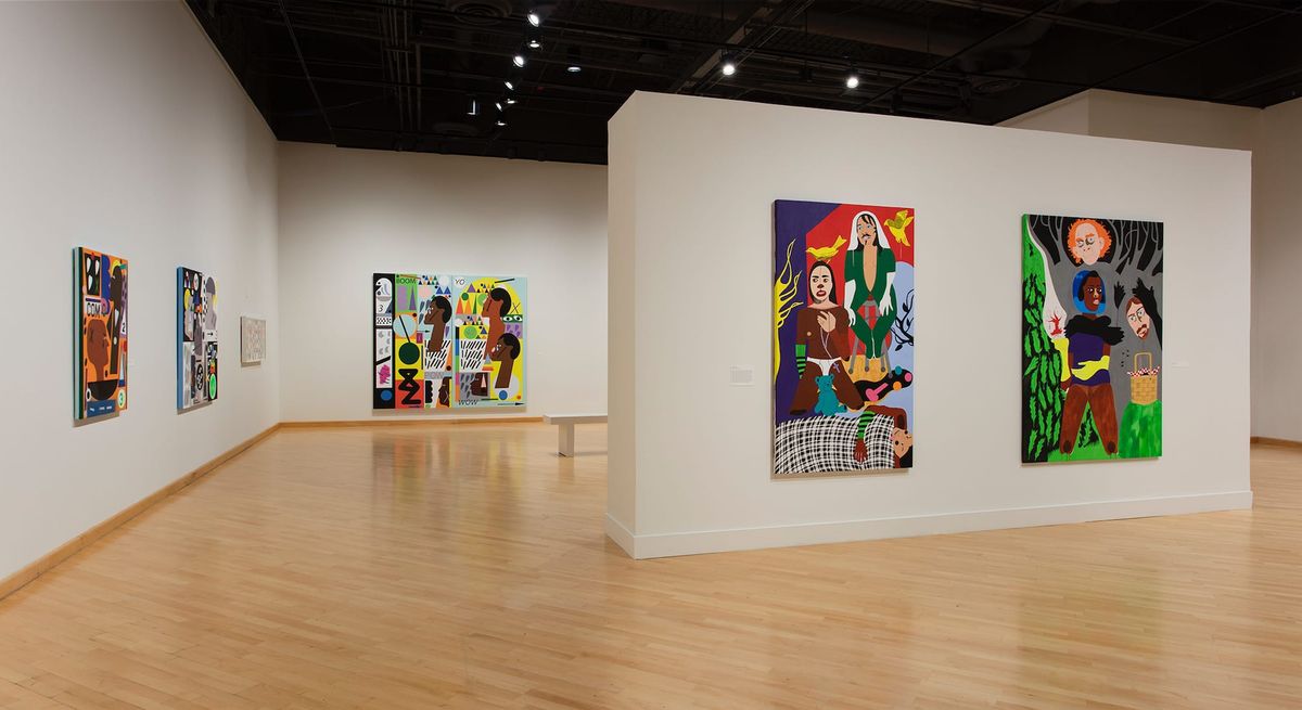 Installation view of large scale paintings;  narrative figurative style