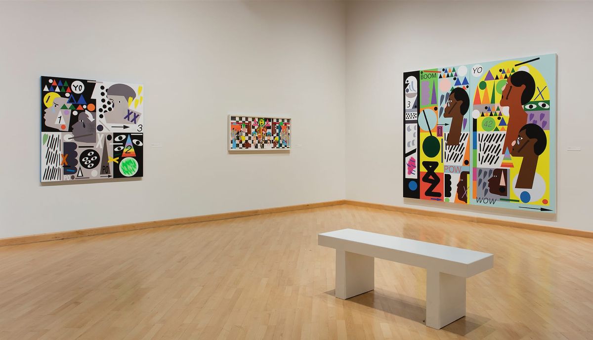 Installation view of vividly colored paintings of many heads in profile in narrative figurative style