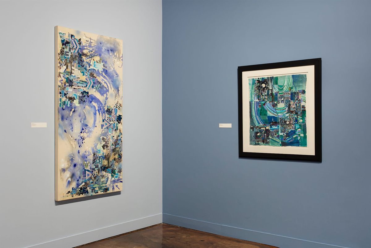 Exhibition view of large scale work in blues and greens