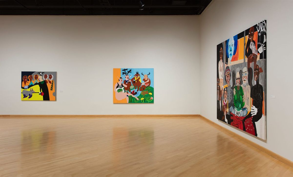 Installation view of three large scale paintings;  narrative figurative painting