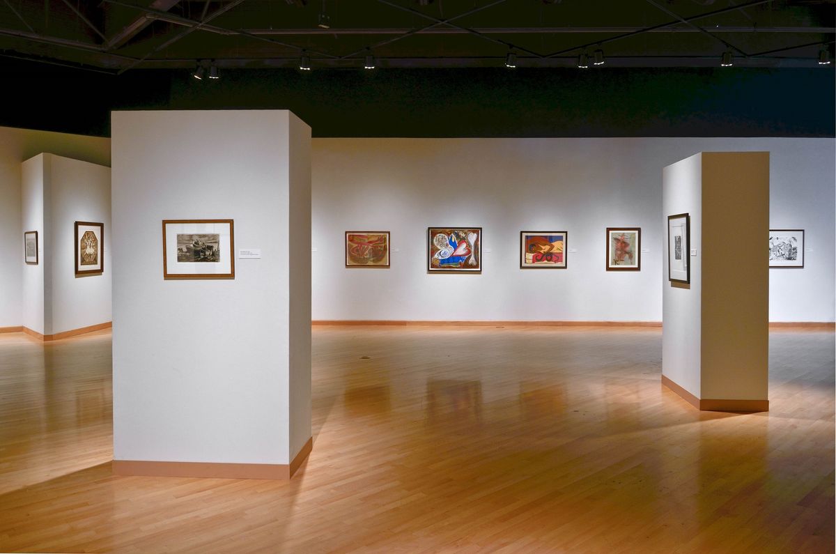 Installation view of framed artworks