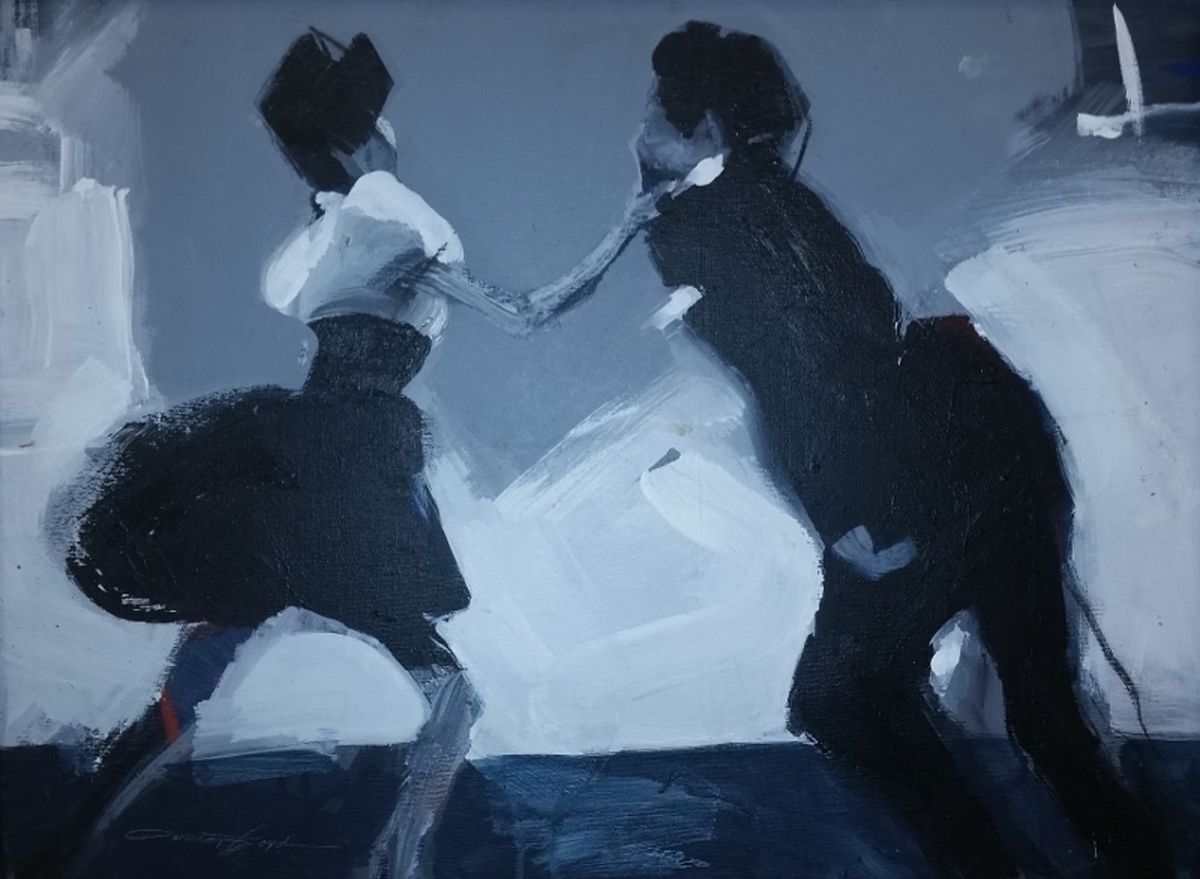 Oil painting of man and woman dancing, motion suggested by her stepping backward and fullness of her skirt